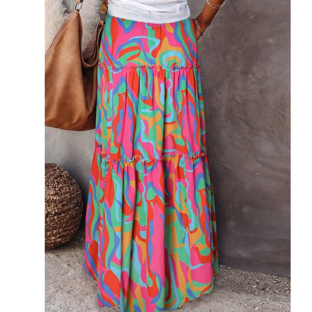 Boho Colorful Print Stretchy Waist pockets Maxi skirt - Picture 2 of 2